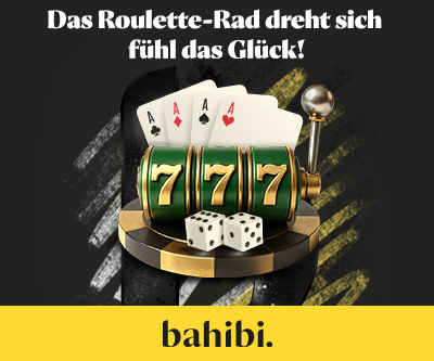 Grüner Slot mit Sieben Symbolen daneben vier As Karten und zwei Würfel unter dem Text Das Roulette Rad dreht sich fühl das Glück