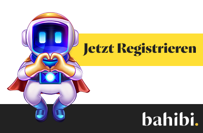 Farbiger Astronaut der ein Herz formt neben dem Hinweis Jetzt registrieren und dem Schriftzug bahibi