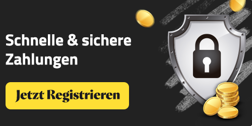 Silbernes Schild mit Schloss Symbol und fallenden Münzen daneben der Hinweis Schnelle und sichere Zahlungen Jetzt registrieren