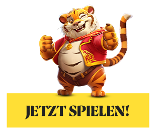 Fröhlicher Tiger in roter Jacke mit dem gelben Hinweis Jetzt spielen