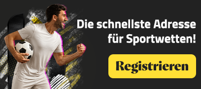 Jubelnder Spieler mit einem Fussball und dem Text Die schnellste Adresse für Sportwetten sowie dem gelben Hinweis Registrieren